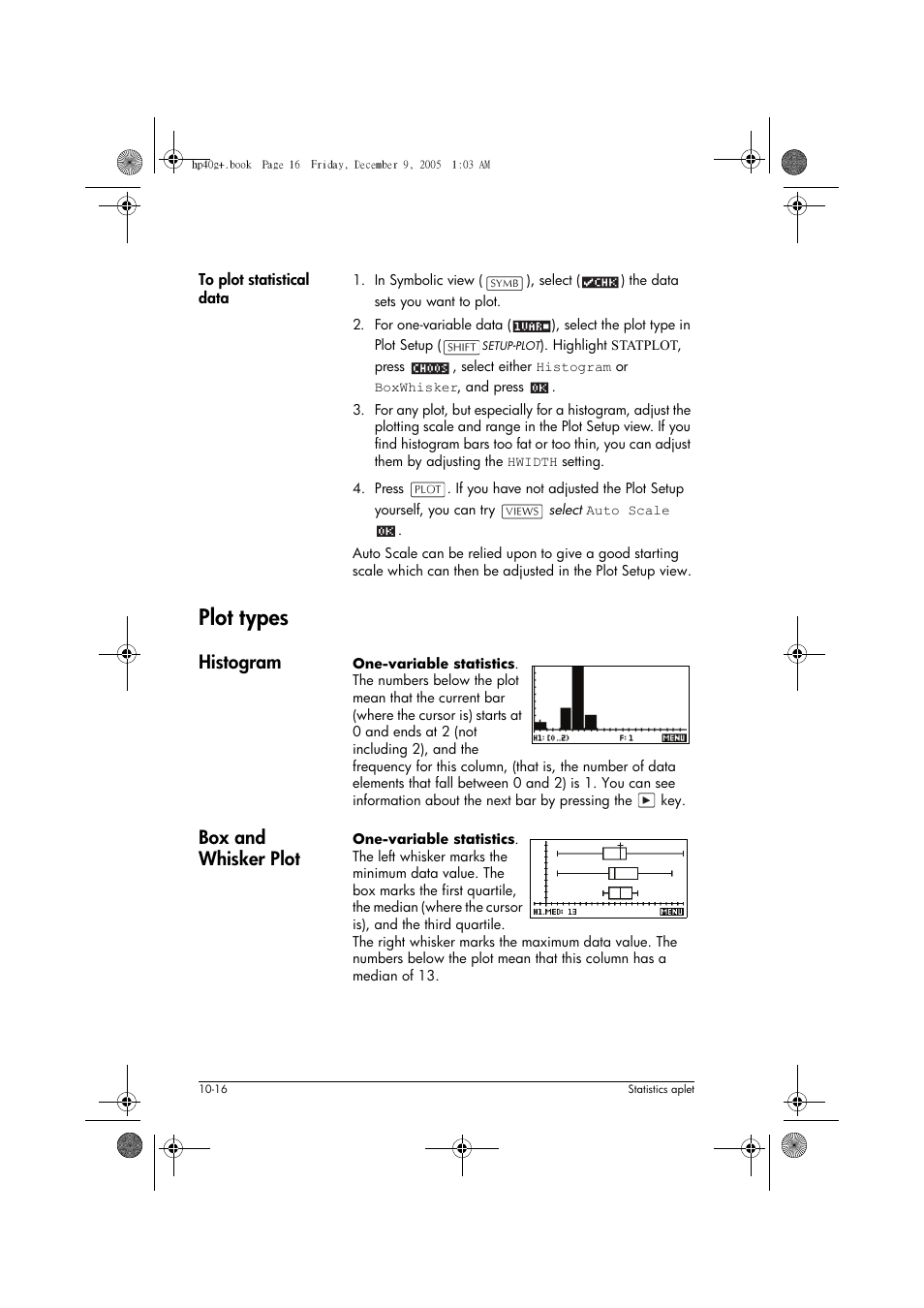 Plot types, Histogram, Box and whisker plot | HP 40gs User Manual | Page 120 / 444