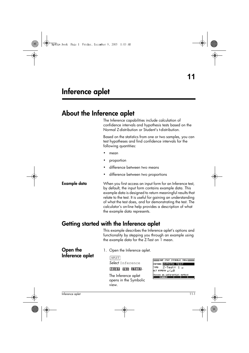 11 inference aplet, About the inference aplet, Getting started with the inference aplet | HP 40gs User Manual | Page 127 / 444