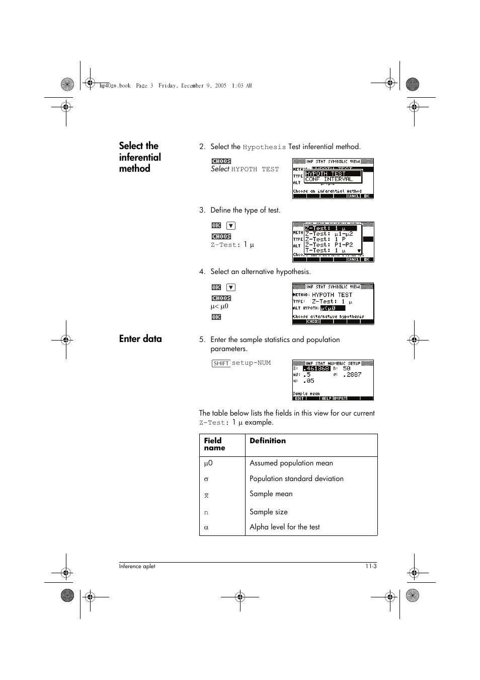 Select the inferential method, Enter data | HP 40gs User Manual | Page 129 / 444