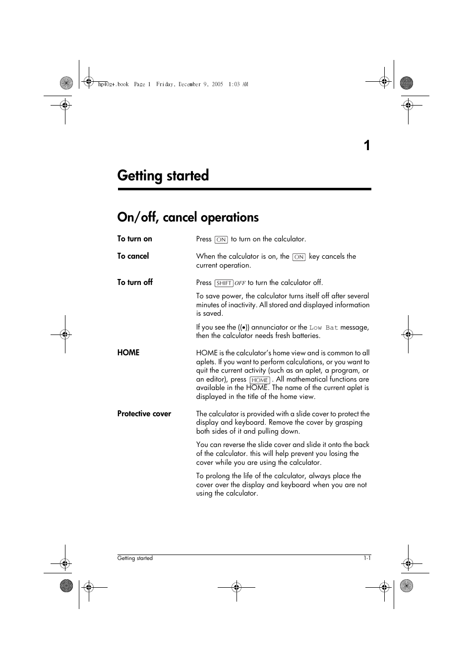 1getting started, On/off, cancel operations | HP 40gs User Manual | Page 13 / 444
