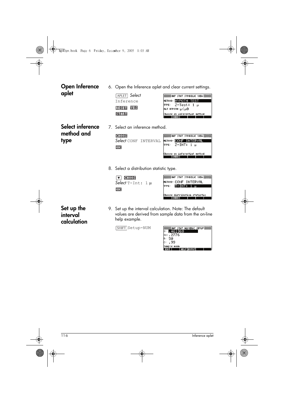 Open inference aplet, Select inference method and type, Set up the interval calculation | HP 40gs User Manual | Page 132 / 444