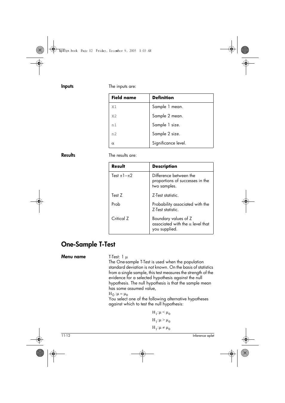 One-sample t-test | HP 40gs User Manual | Page 138 / 444