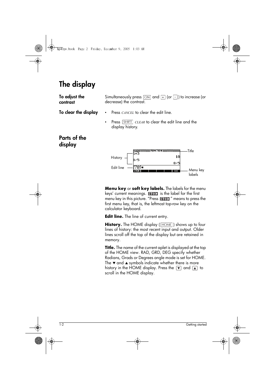 The display, Parts of the display | HP 40gs User Manual | Page 14 / 444