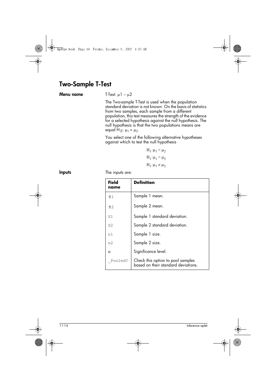 Two-sample t-test | HP 40gs User Manual | Page 140 / 444