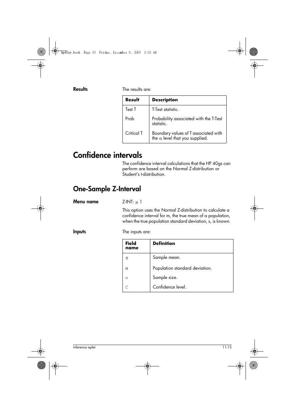 Confidence intervals, One-sample z-interval | HP 40gs User Manual | Page 141 / 444