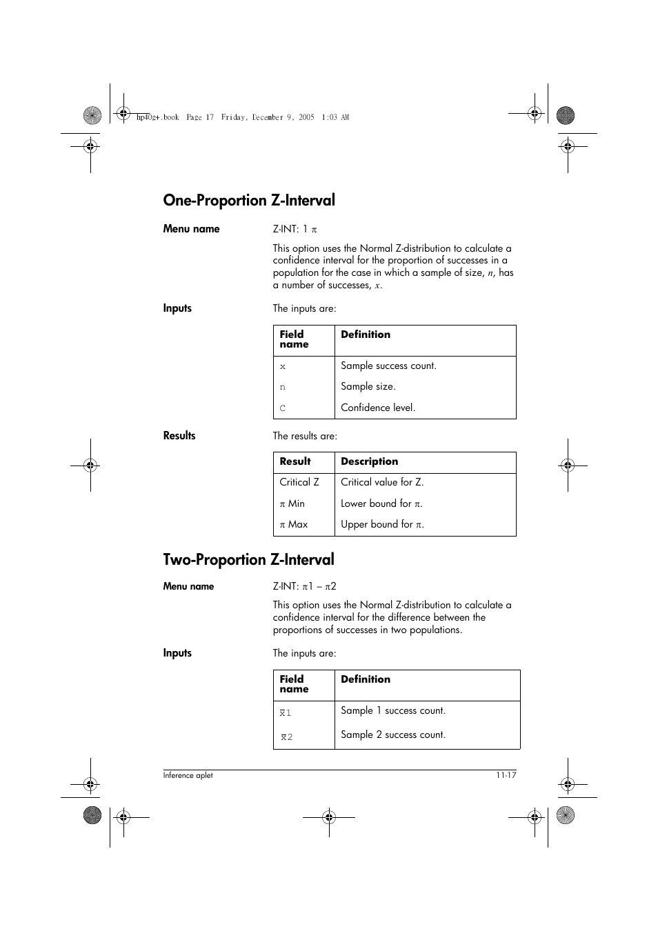 One-proportion z-interval, Two-proportion z-interval | HP 40gs User Manual | Page 143 / 444