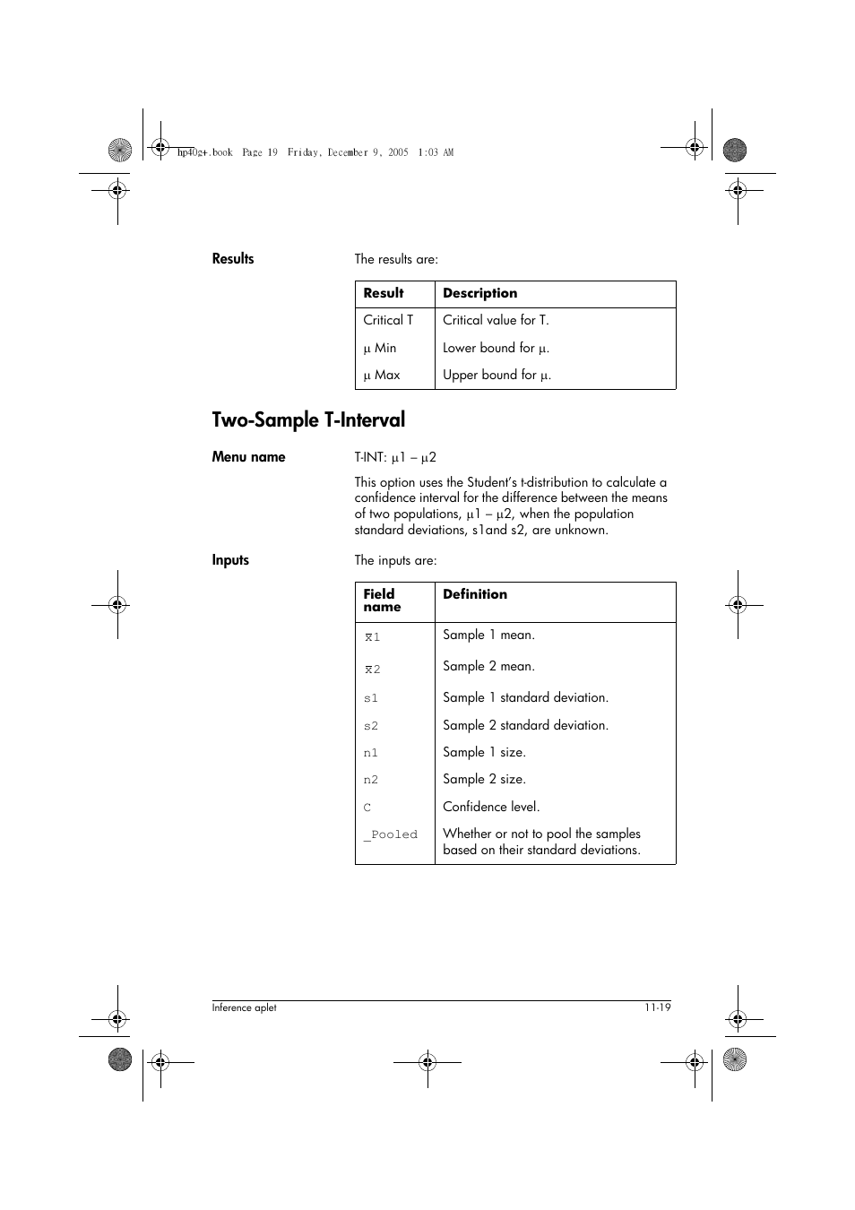 Two-sample t-interval | HP 40gs User Manual | Page 145 / 444