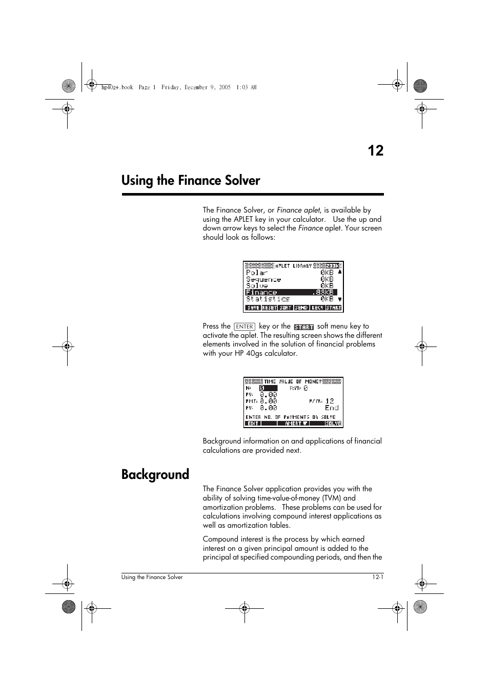 Using the finance solver, Background | HP 40gs User Manual | Page 147 / 444