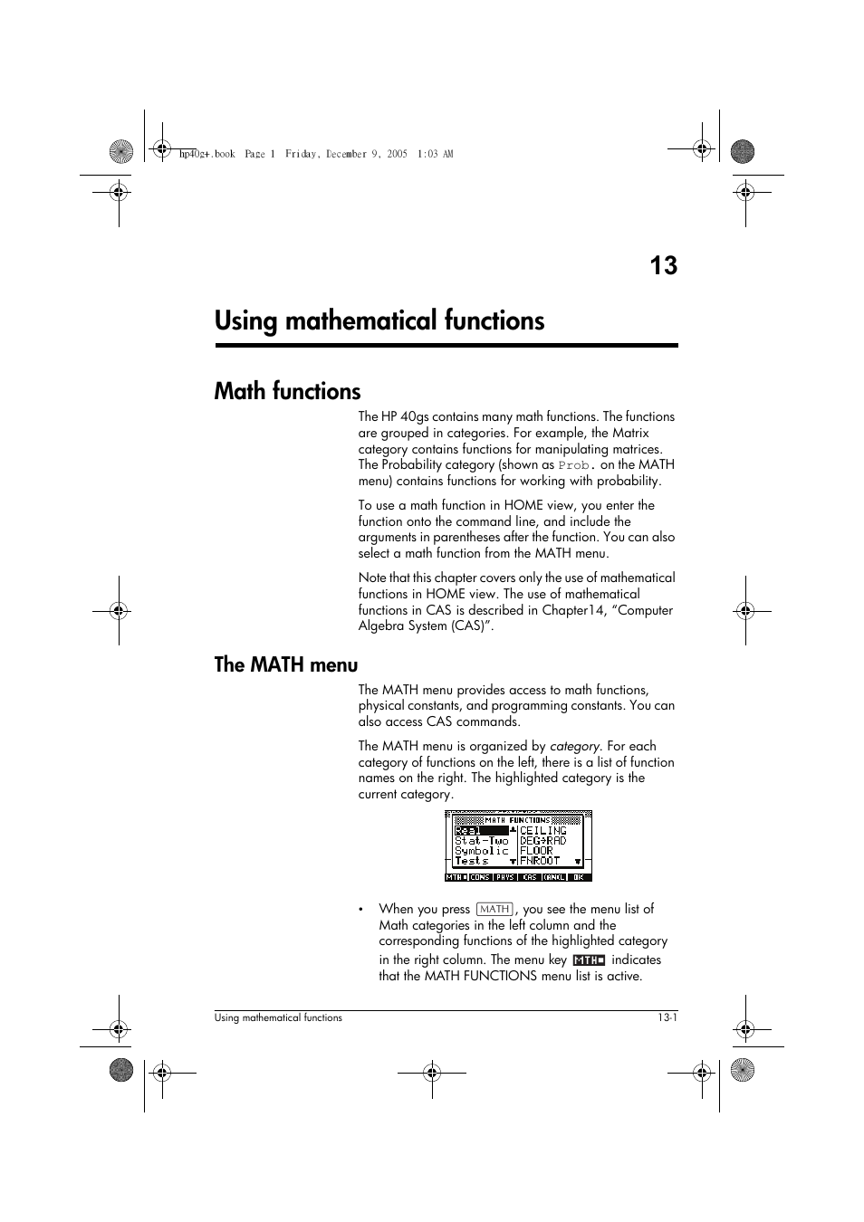 13 using mathematical functions, Math functions, The math menu | HP 40gs User Manual | Page 155 / 444