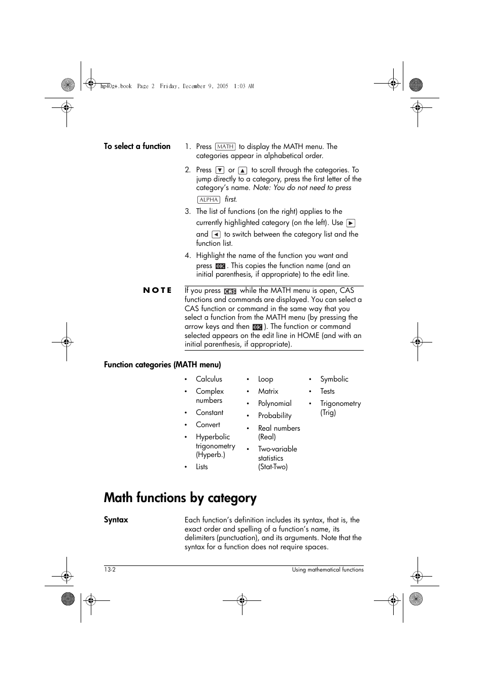 Math functions by category | HP 40gs User Manual | Page 156 / 444