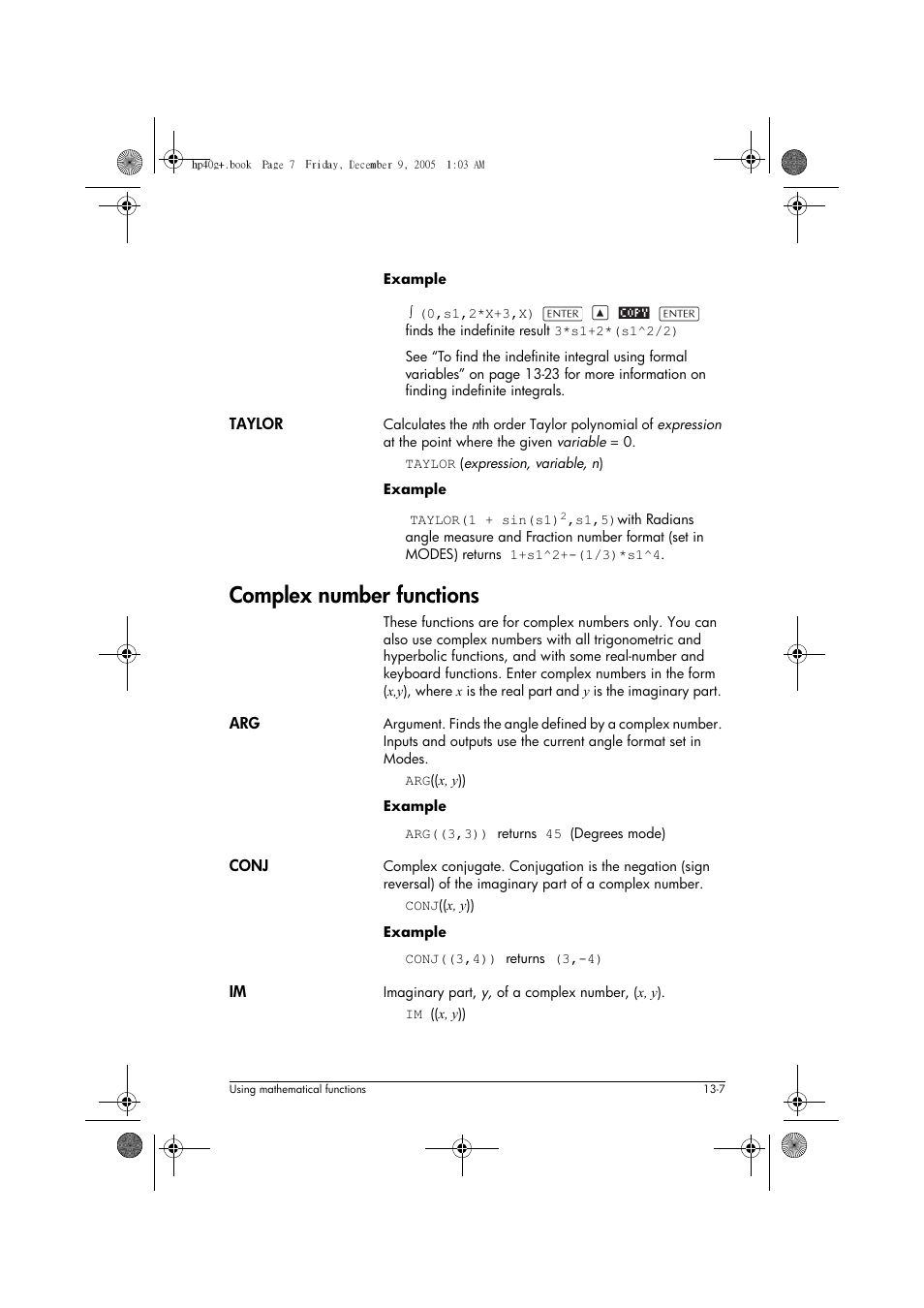 Complex number functions | HP 40gs User Manual | Page 161 / 444