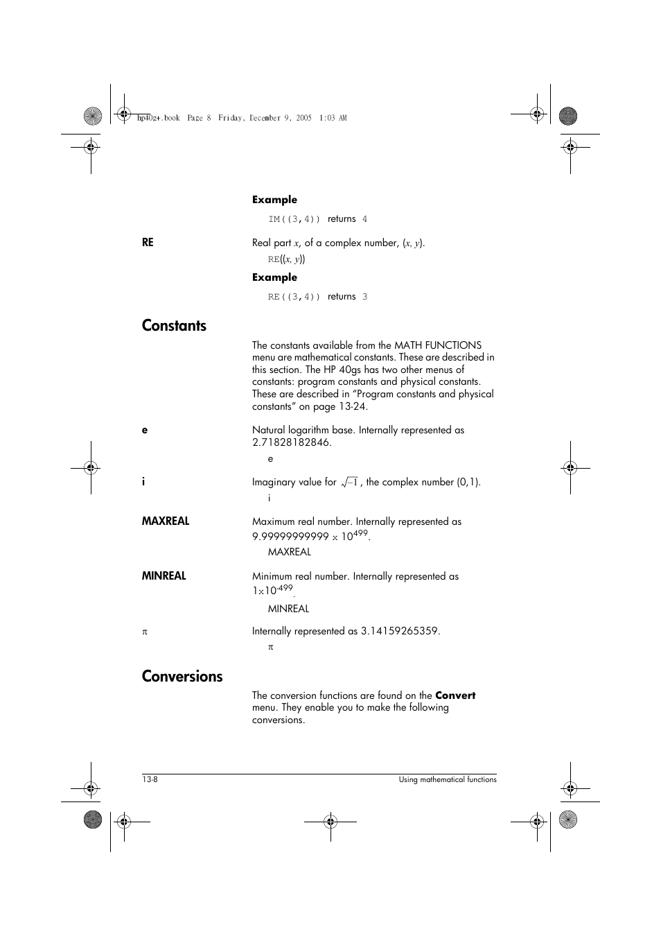 Constants, Conversions | HP 40gs User Manual | Page 162 / 444