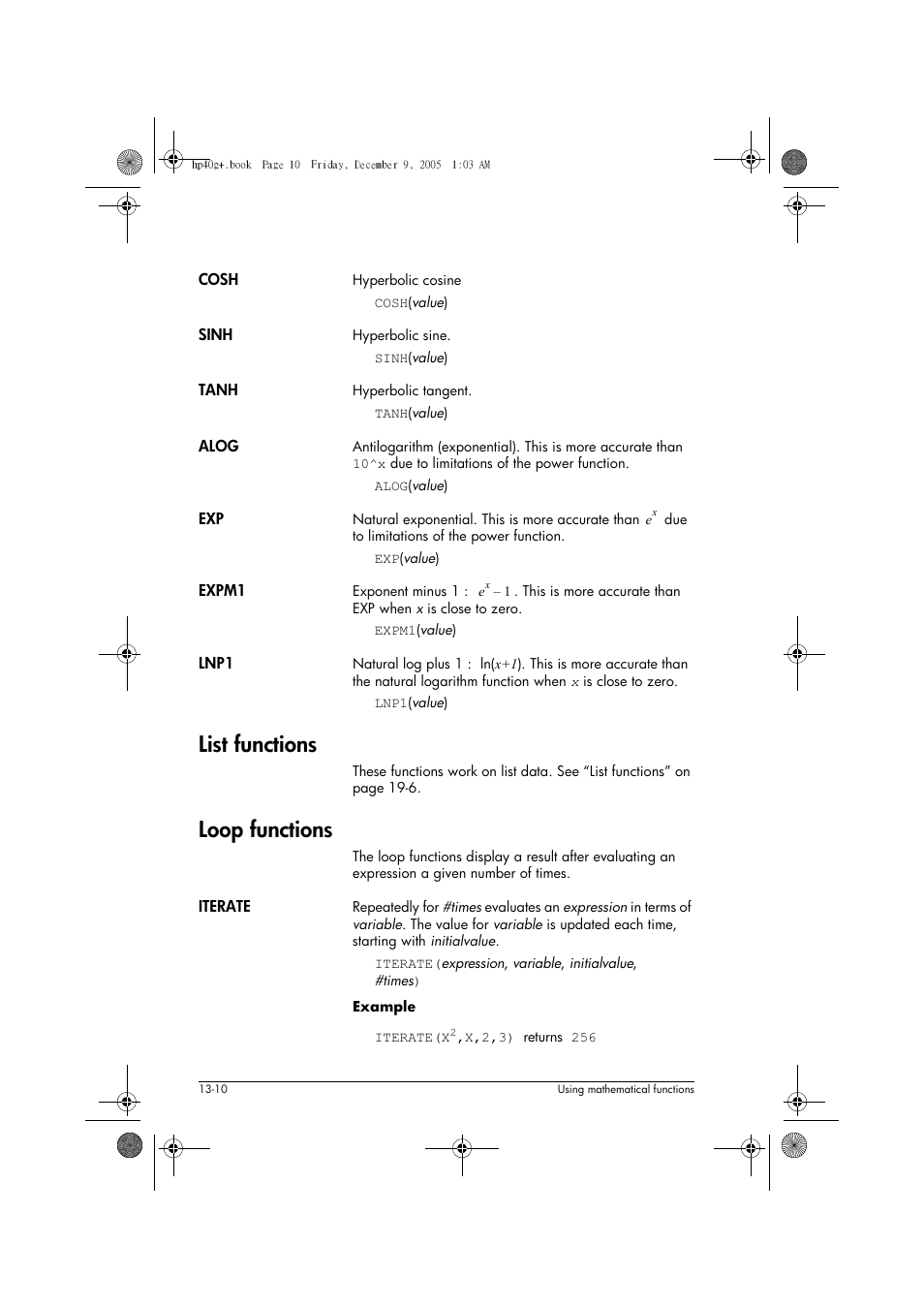 List functions, Loop functions | HP 40gs User Manual | Page 164 / 444