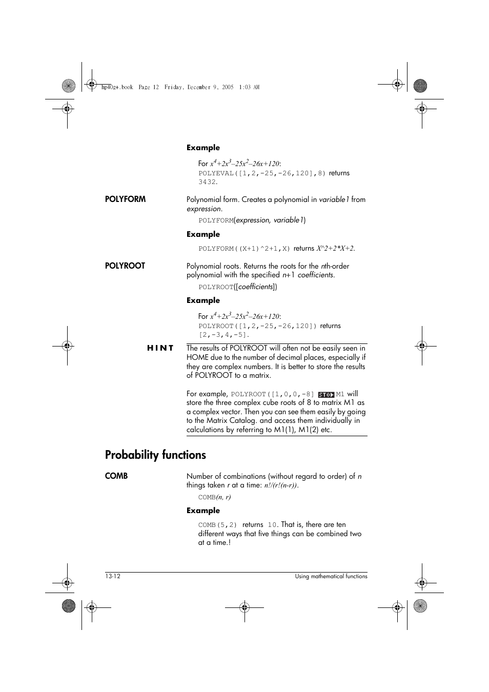 Probability functions | HP 40gs User Manual | Page 166 / 444