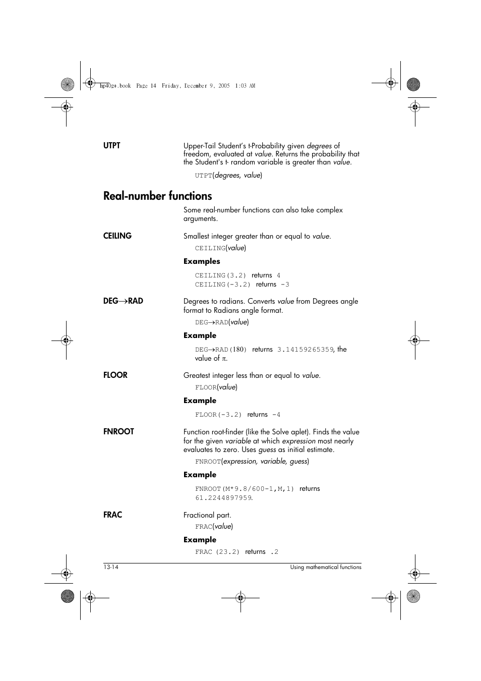 Real-number functions | HP 40gs User Manual | Page 168 / 444