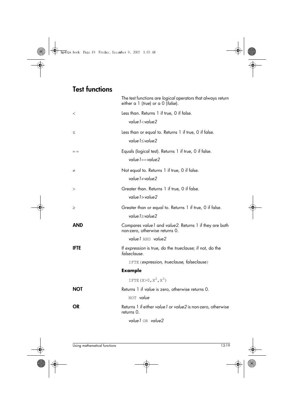 Test functions | HP 40gs User Manual | Page 173 / 444