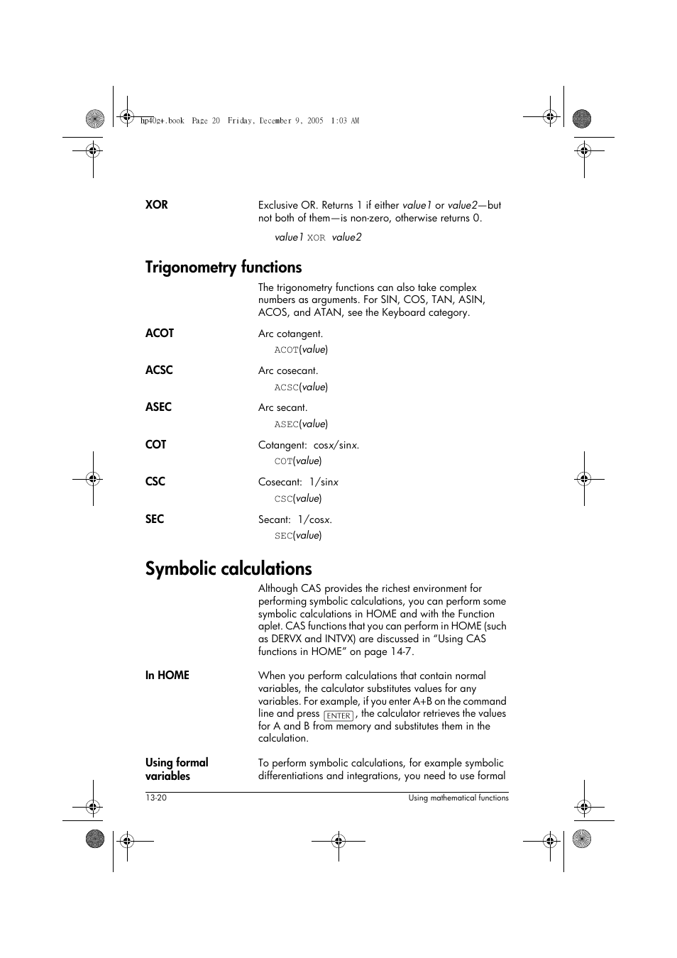 Symbolic calculations, Trigonometry functions | HP 40gs User Manual | Page 174 / 444