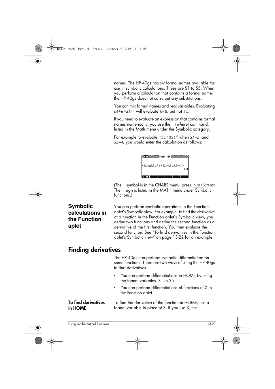 Finding derivatives, Symbolic calculations in the function aplet | HP 40gs User Manual | Page 175 / 444