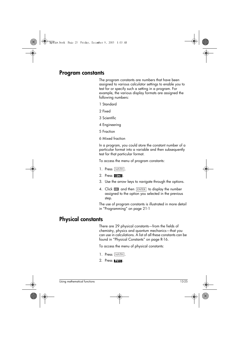 Program constants, Physical constants | HP 40gs User Manual | Page 179 / 444