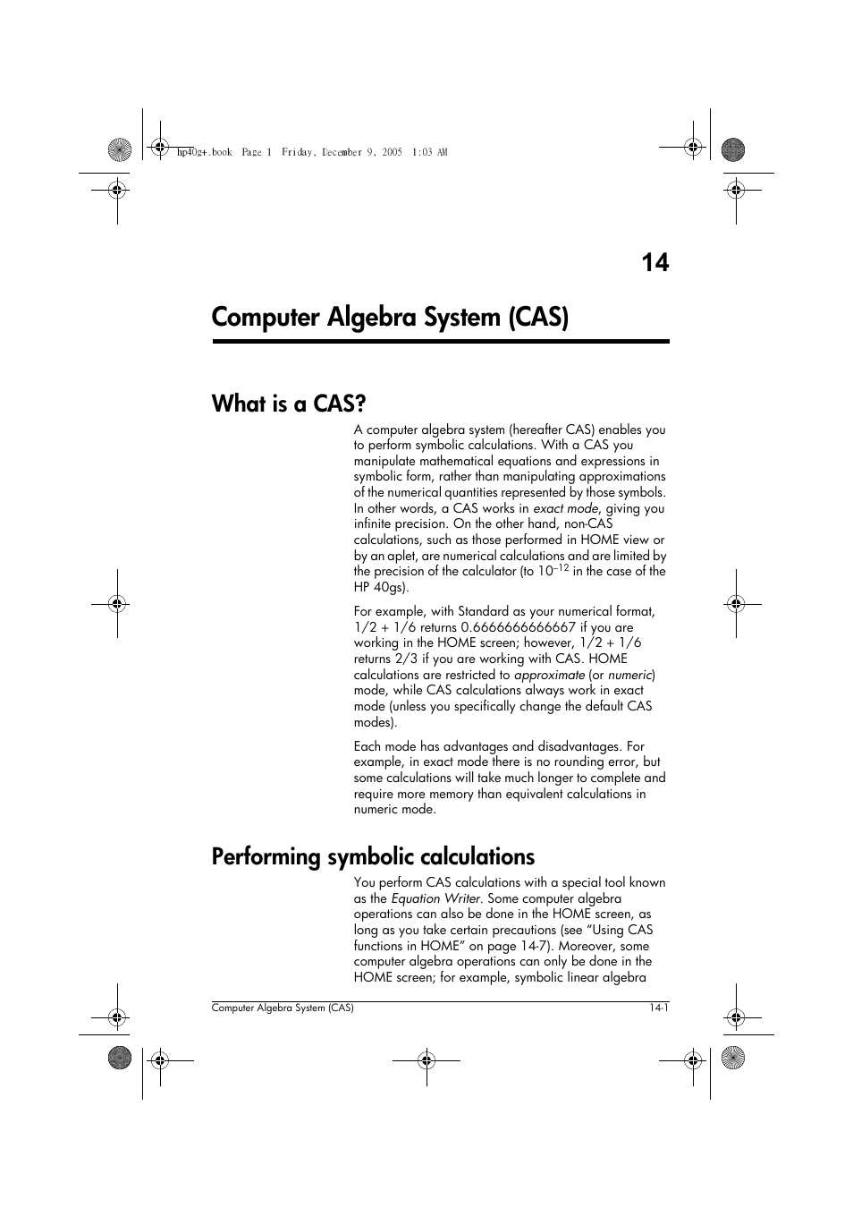 14 computer algebra system (cas), What is a cas, Performing symbolic calculations | HP 40gs User Manual | Page 183 / 444