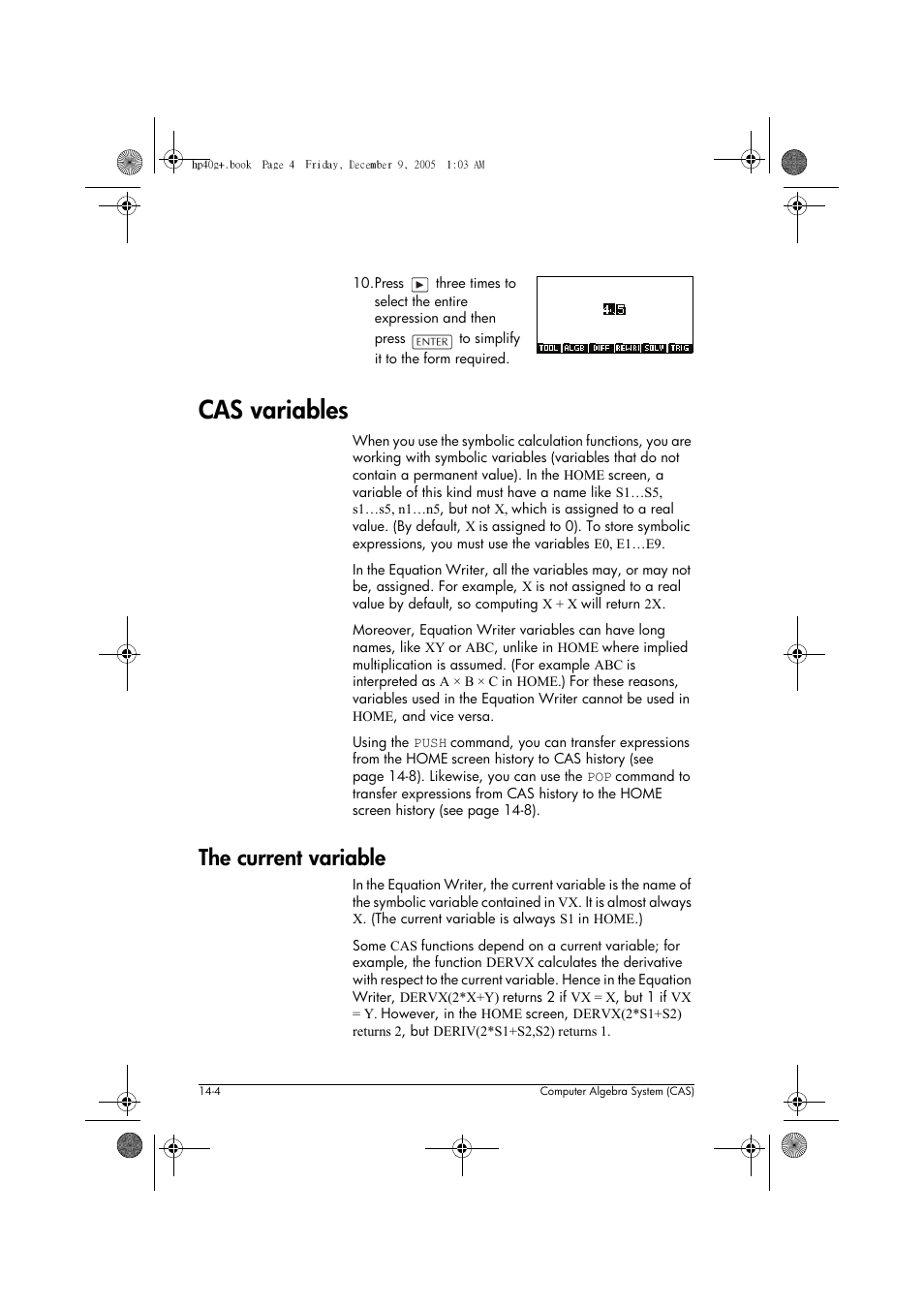 Cas variables, The current variable | HP 40gs User Manual | Page 186 / 444