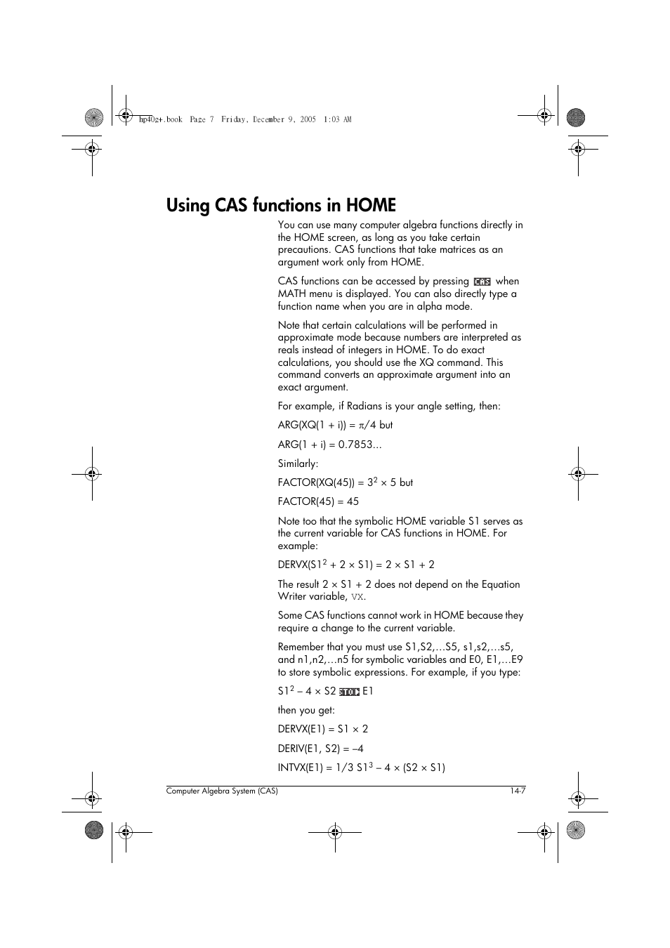 Using cas functions in home | HP 40gs User Manual | Page 189 / 444