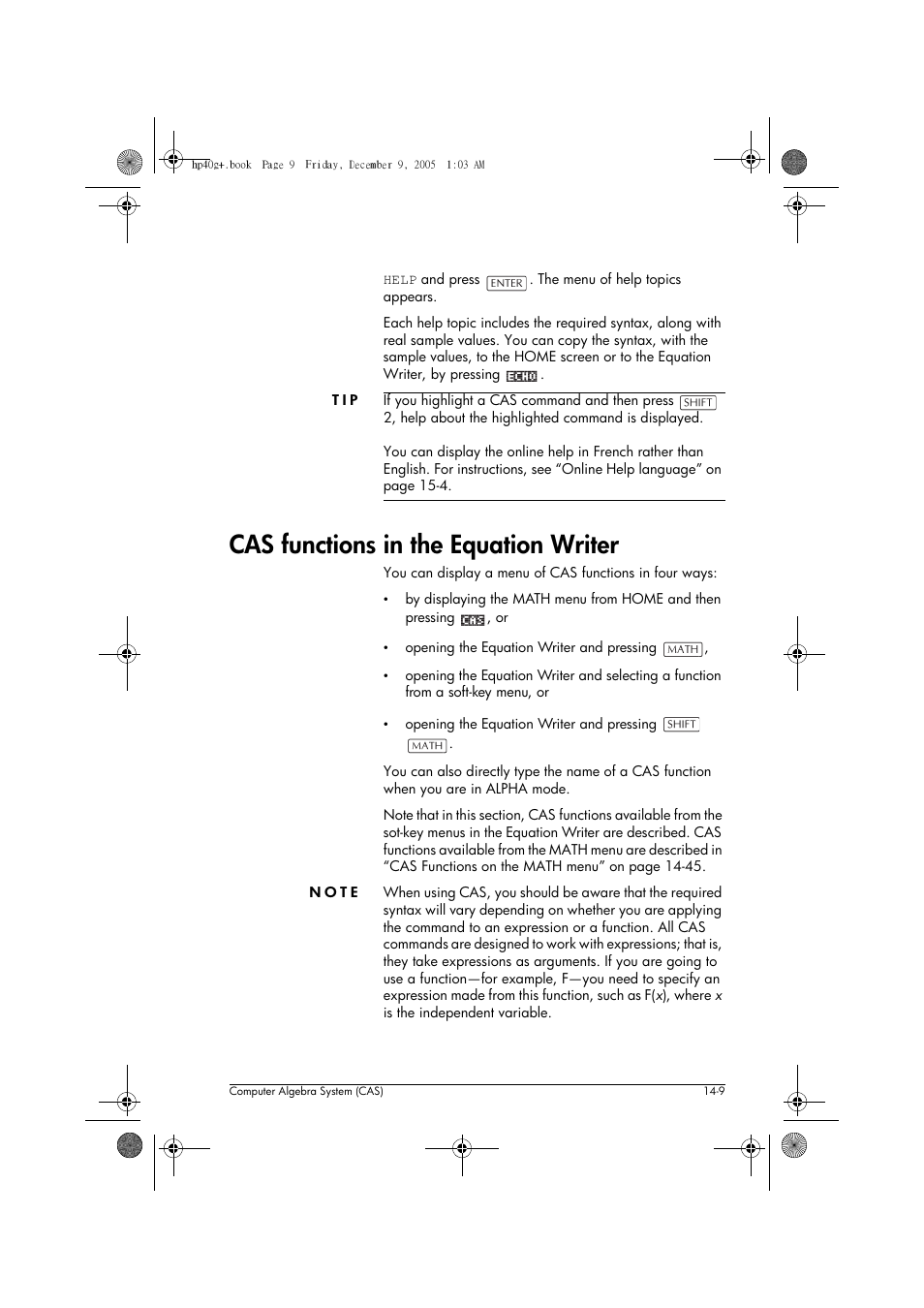 Cas functions in the equation writer | HP 40gs User Manual | Page 191 / 444