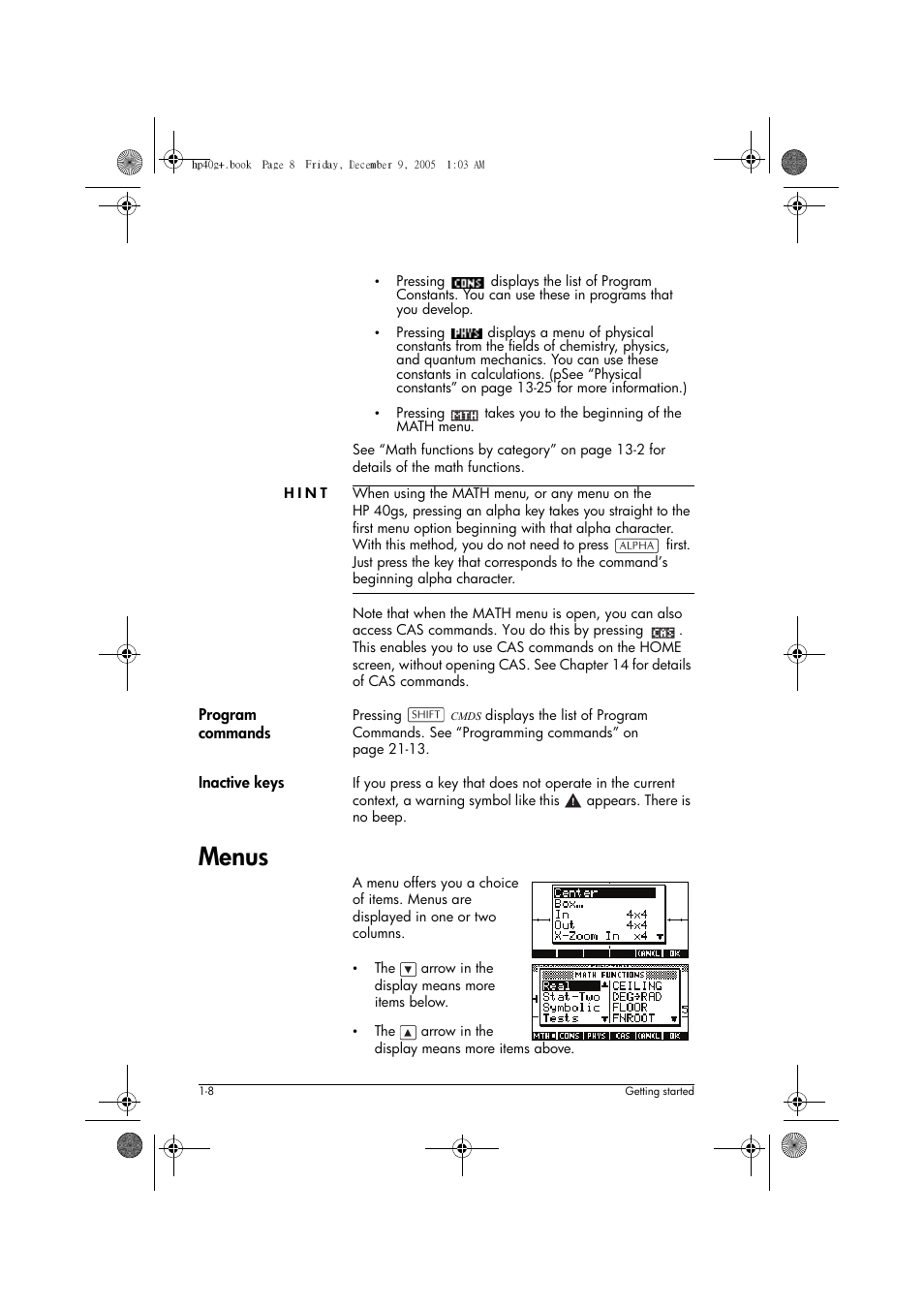 Menus | HP 40gs User Manual | Page 20 / 444