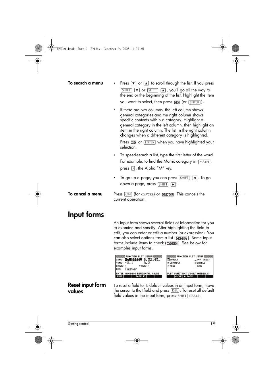 Input forms, Reset input form values | HP 40gs User Manual | Page 21 / 444