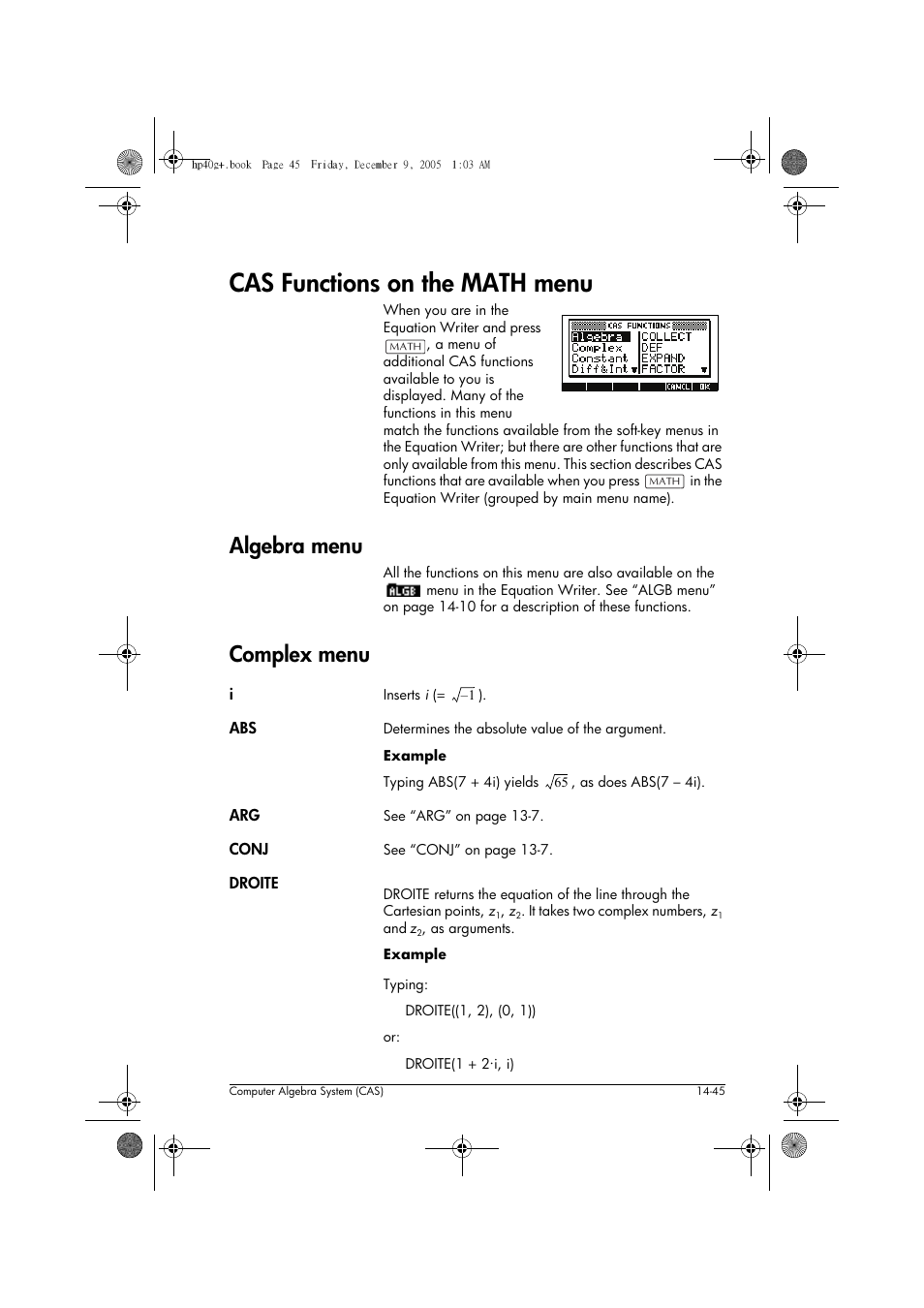 Cas functions on the math menu, Algebra menu, Complex menu | HP 40gs User Manual | Page 227 / 444