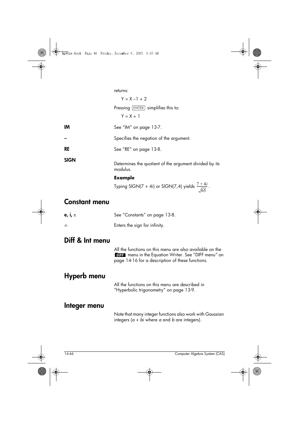 Constant menu, Diff & int menu, Hyperb menu | Integer menu | HP 40gs User Manual | Page 228 / 444