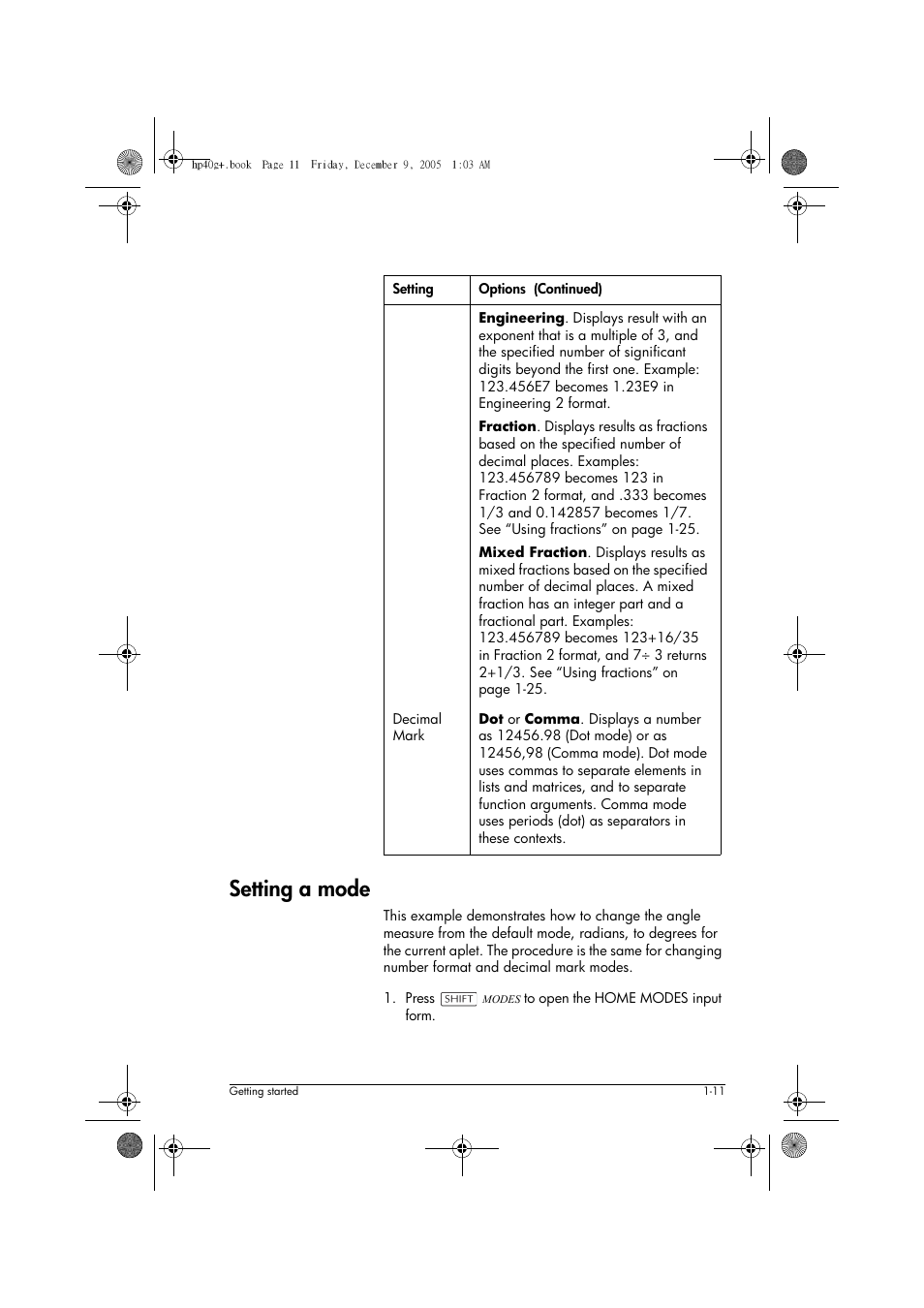 Setting a mode | HP 40gs User Manual | Page 23 / 444