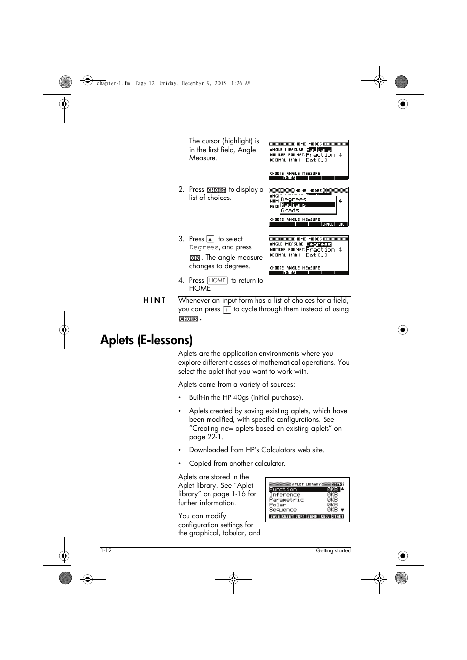 Aplets (e-lessons) | HP 40gs User Manual | Page 24 / 444
