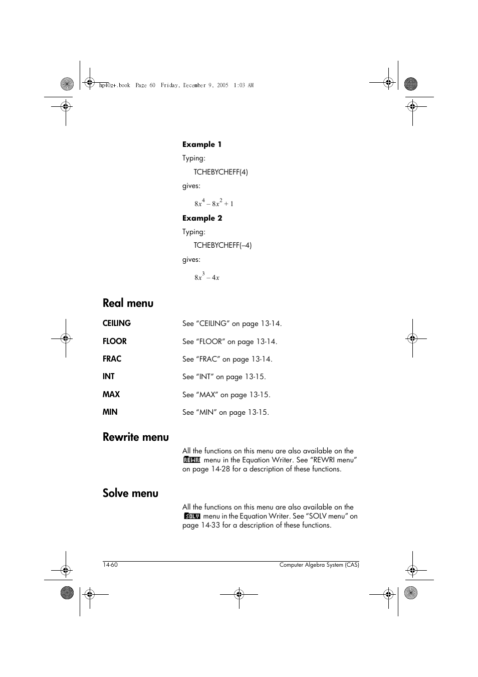 Real menu, Rewrite menu, Solve menu | HP 40gs User Manual | Page 242 / 444