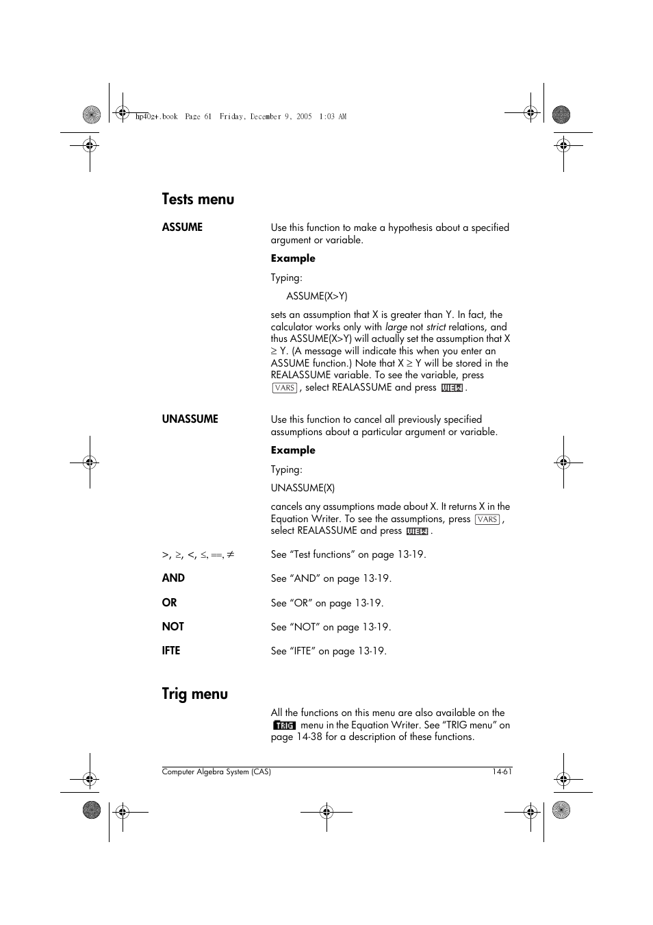 Tests menu, Trig menu | HP 40gs User Manual | Page 243 / 444