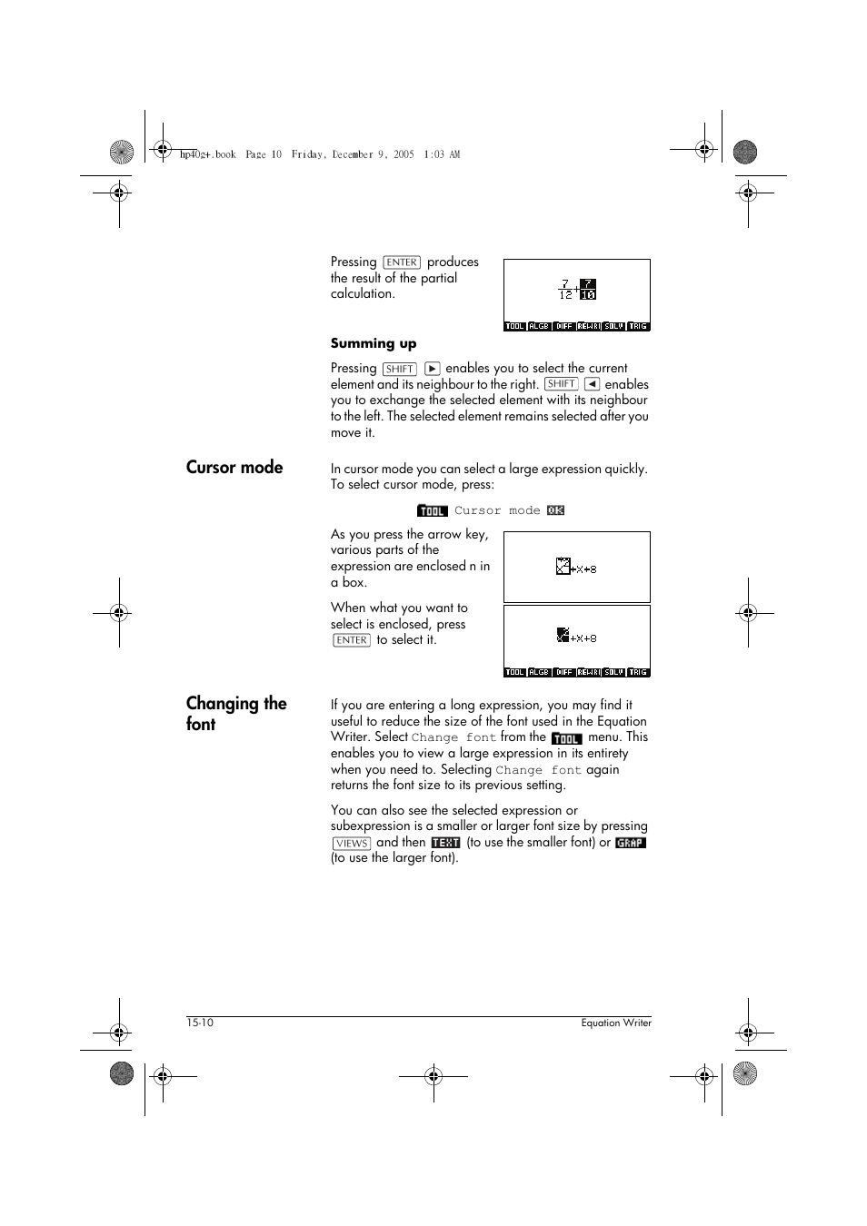 Cursor mode, Changing the font | HP 40gs User Manual | Page 262 / 444