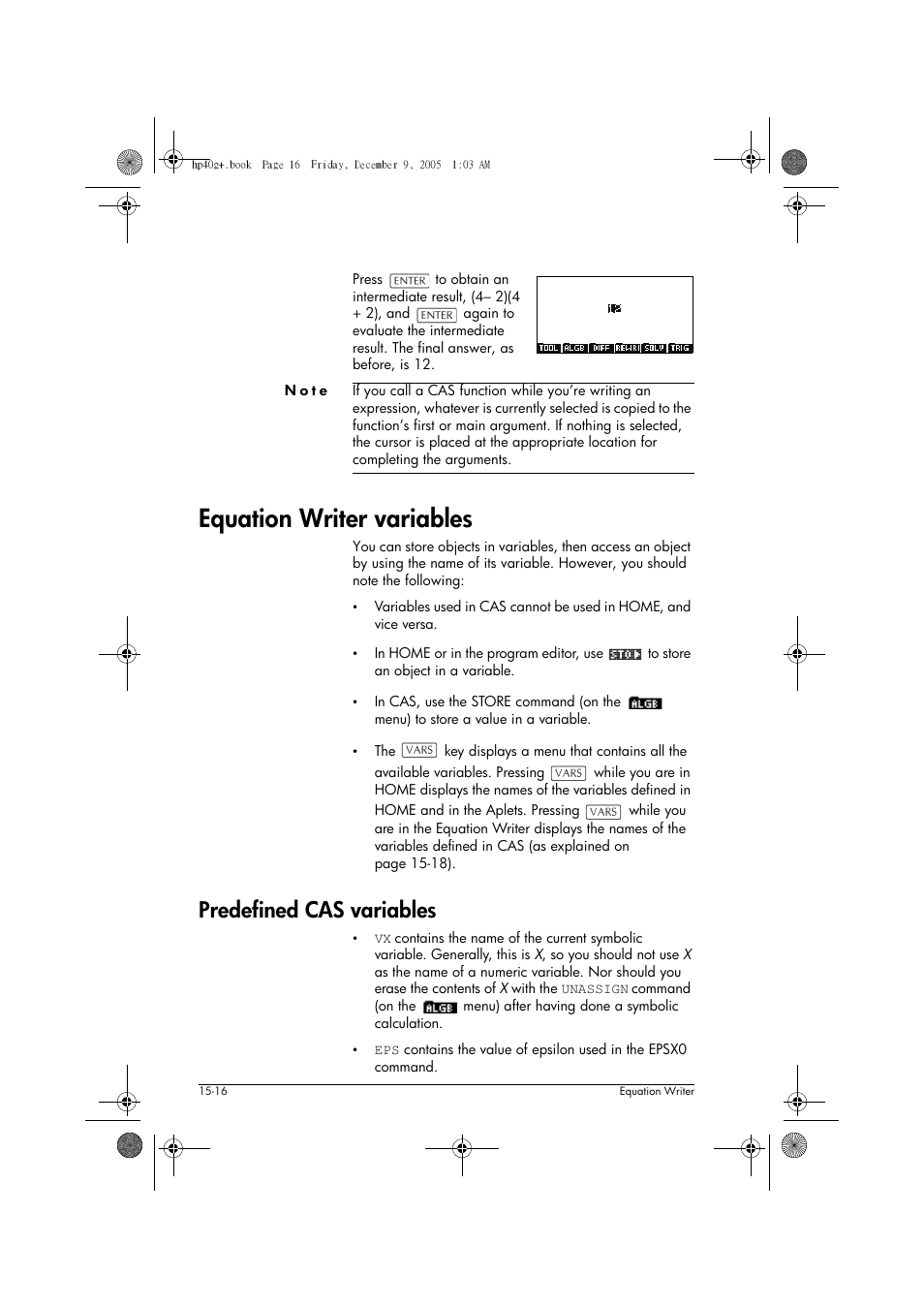 Equation writer variables, Predefined cas variables | HP 40gs User Manual | Page 268 / 444