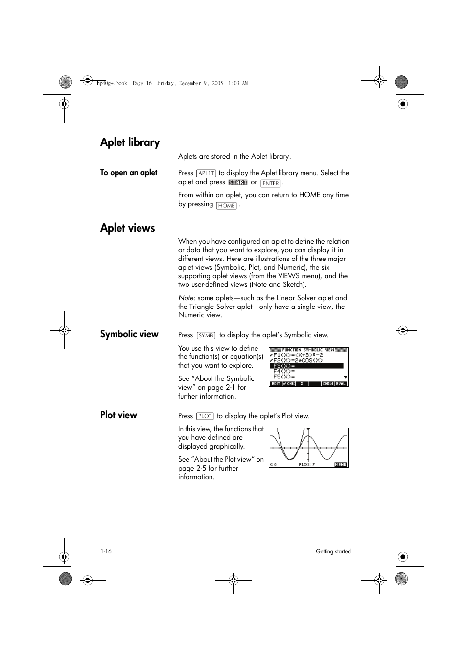 Aplet library, Aplet views, Symbolic view | Plot view | HP 40gs User Manual | Page 28 / 444