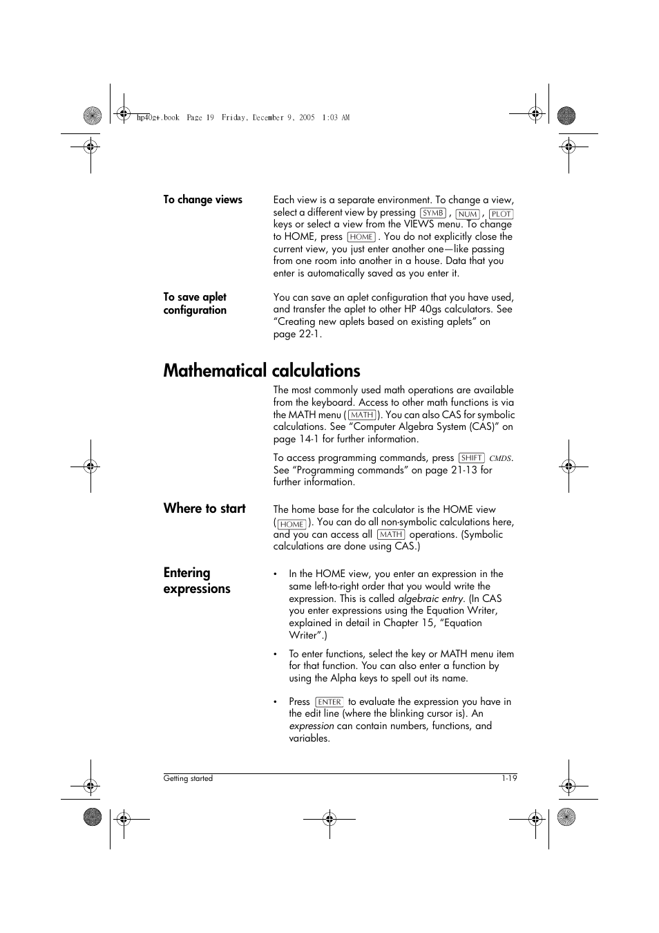 Mathematical calculations, Where to start, Entering expressions | HP 40gs User Manual | Page 31 / 444