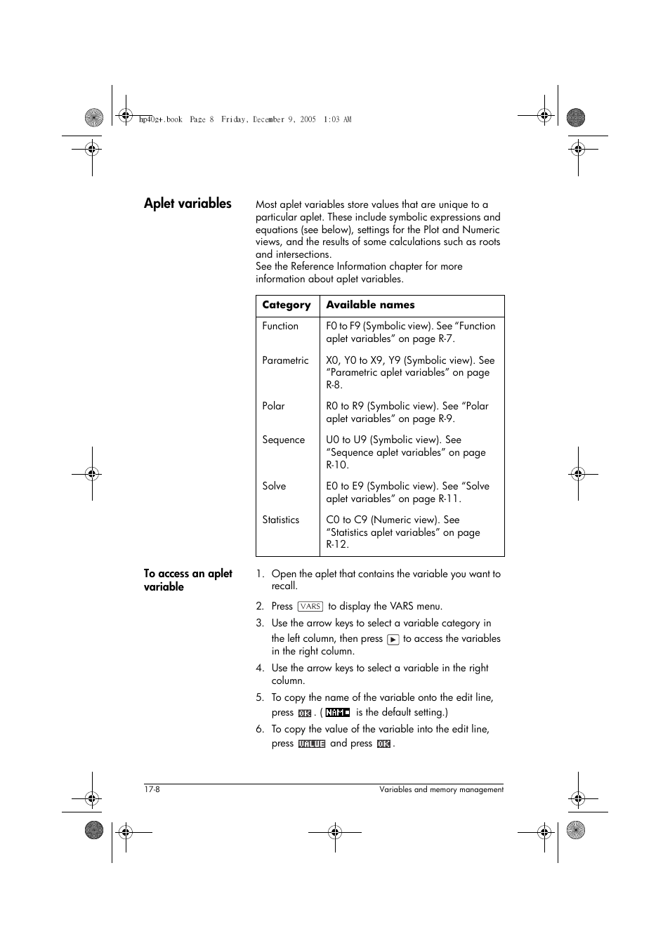 Aplet variables | HP 40gs User Manual | Page 312 / 444