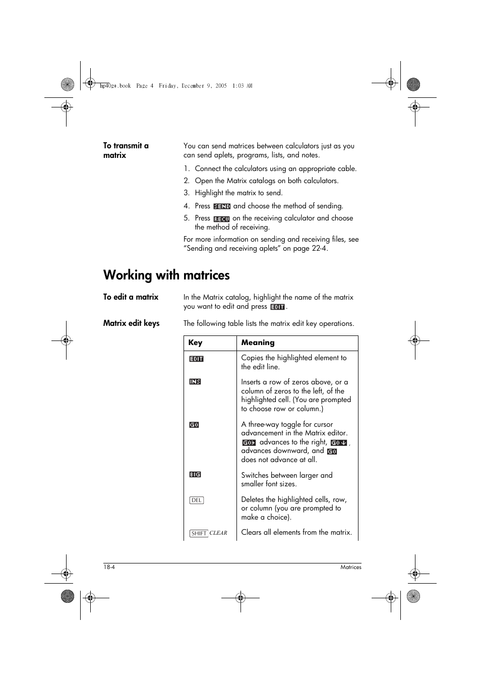 Working with matrices | HP 40gs User Manual | Page 318 / 444