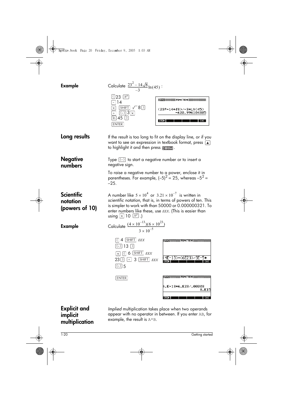 Long results, Negative numbers, Scientific notation (powers of 10) | Explicit and implicit multiplication | HP 40gs User Manual | Page 32 / 444