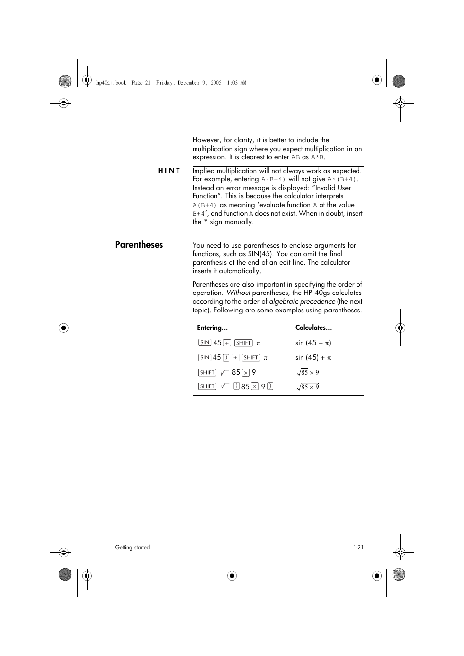 Parentheses | HP 40gs User Manual | Page 33 / 444
