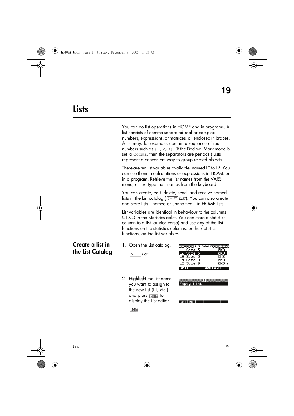 19 lists, Create a list in the list catalog | HP 40gs User Manual | Page 331 / 444