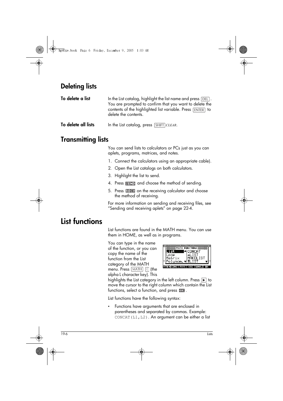 List functions, Deleting lists, Transmitting lists | HP 40gs User Manual | Page 336 / 444