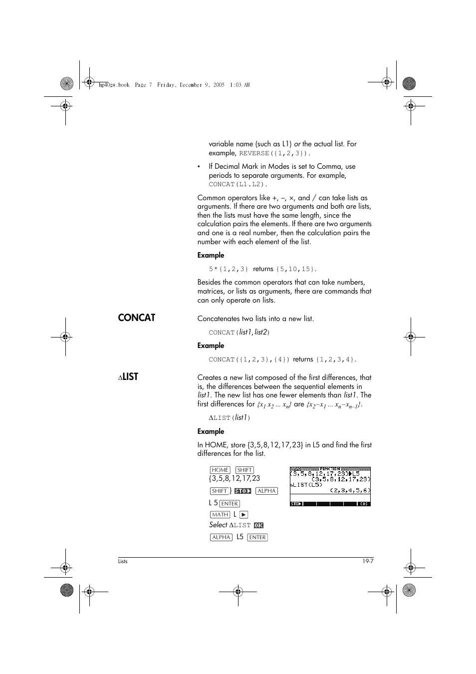 Concat, List | HP 40gs User Manual | Page 337 / 444
