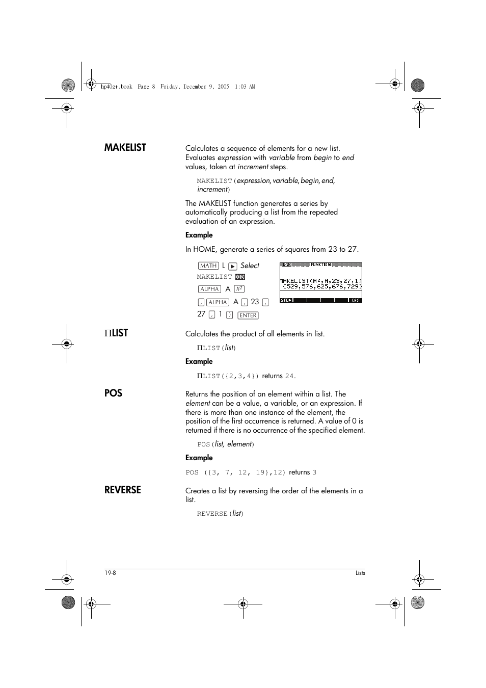 Makelist, Π list, Reverse | HP 40gs User Manual | Page 338 / 444