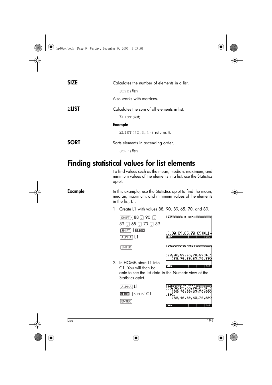 Finding statistical values for list elements, Size, Σ list | Sort | HP 40gs User Manual | Page 339 / 444