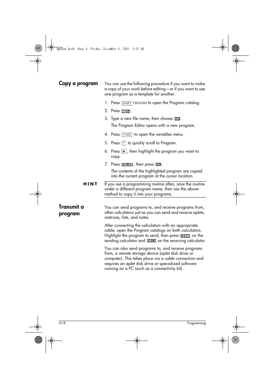 Copy a program, Transmit a program | HP 40gs User Manual | Page 356 / 444