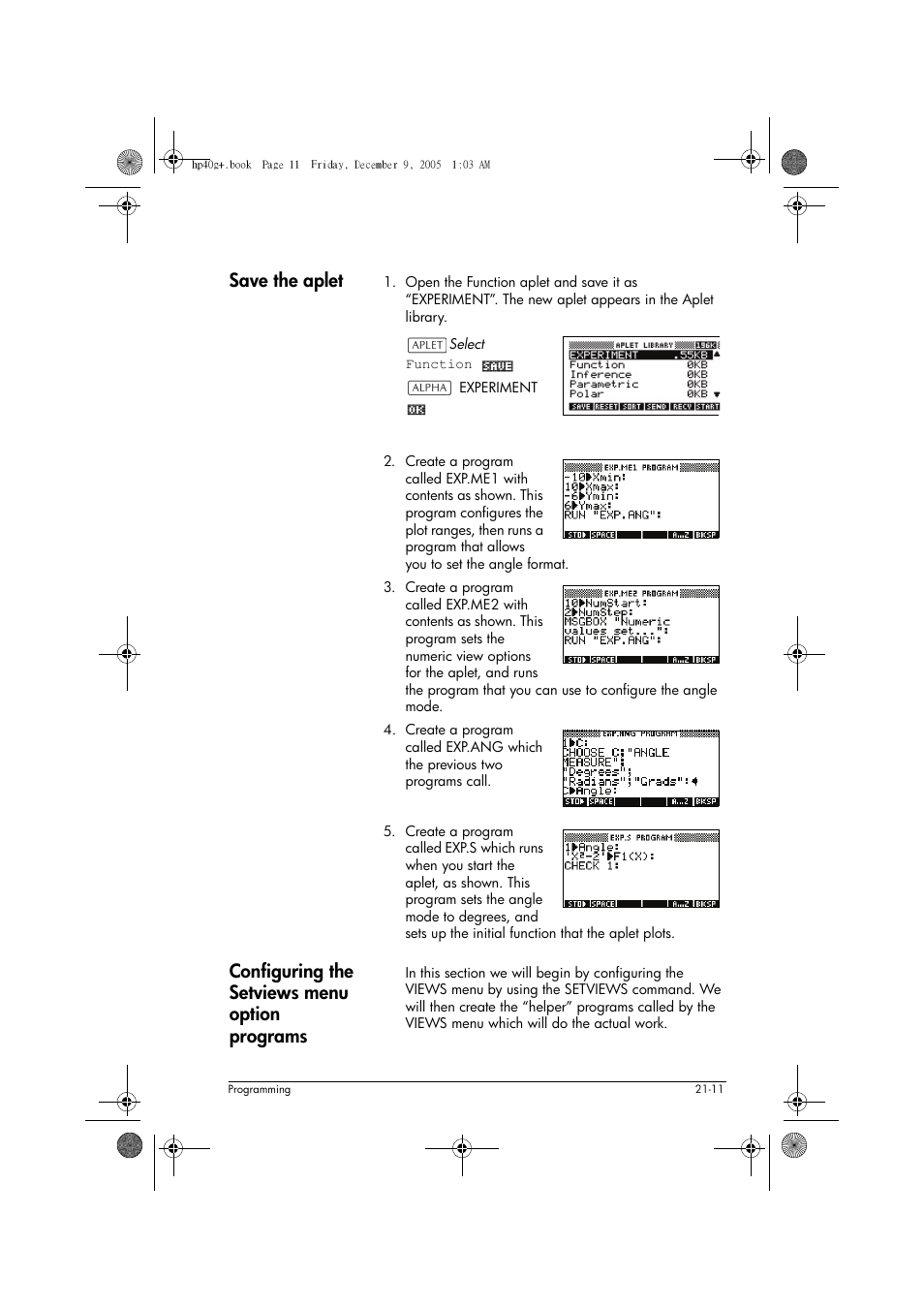 Save the aplet, Configuring the setviews menu option programs | HP 40gs User Manual | Page 359 / 444